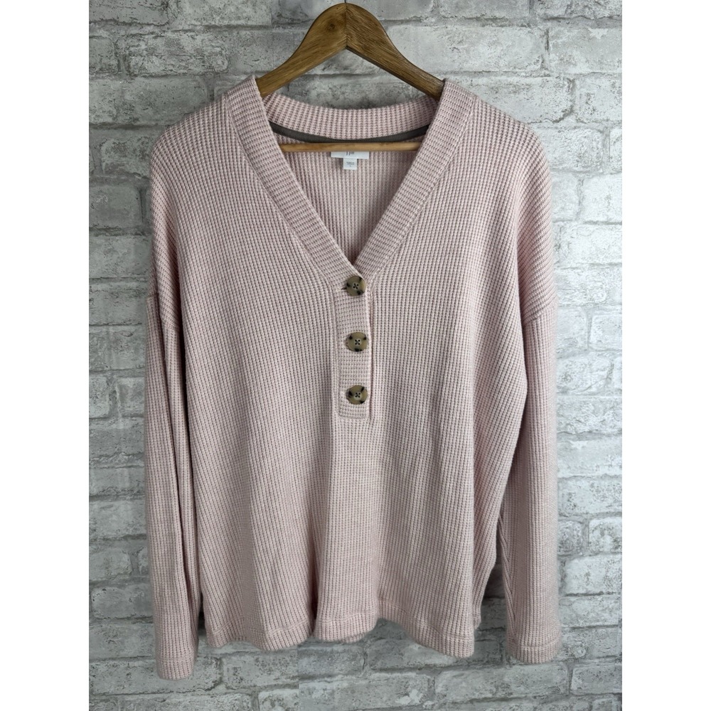 J. Jill Pink Waffle Knit Sweater V Neck Henley Popover Accent Buttons Size Large